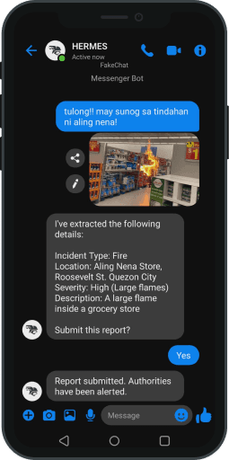 HERMES Messenger chatbot interface showing incident reporting
